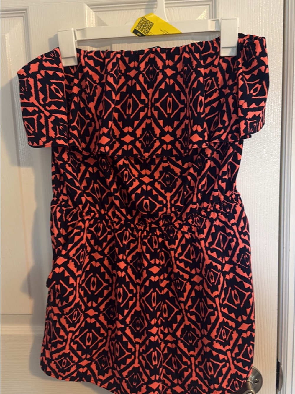 Off-Shoulder Black and Coral Patterned Women's Romper